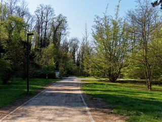 Fototapeta na wymiar Bad Bellingen im Markgräflerland (Bade-Wurtemberg) - Sentier de promenade dans le parc et jardin botanique de la ville et des thermes