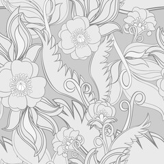 Monochrome seamless pattern with poppies and leaves.