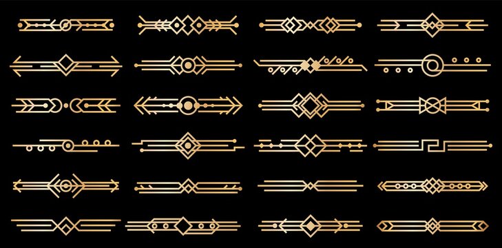 Art deco gold borders. Golden luxury vintage ornamental shapes, geometric line patterns, 1920s empty style design elements abstract retro decorative collection vector isolated set