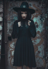 Young beautiful gothic enchantress in the forest