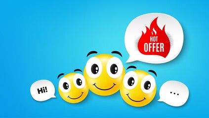 Hot offer banner. Smile face with speech bubble. Discount sticker shape. Coupon tag icon. Smile face character. Hot offer speech bubble icon. Chat background. Vector