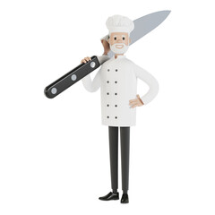 Chef with a large knife. 3D illustration in cartoon style.