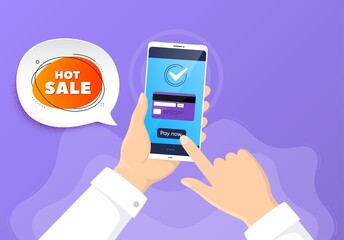 Hot sale banner. Pay by credit card from phone. Discount sticker shape. Coupon bubble icon. Hot sale badge. Online payment by credit card. Hand hold smartphone. Vector