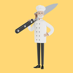 Chef with a large knife. 3D illustration in cartoon style.