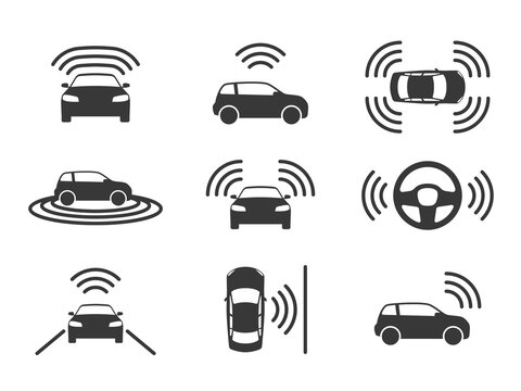 Driverless car icons. Autonomous driving cars, gps navigation on road. Smart self-driving vehicles, electric robotic auto, parking sensor driverless transport black silhouette vector set