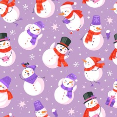 Snowman seamless pattern. New year and christmas design with cute snowmen and snowflakes, winter holidays decor textile, wrapping paper wallpaper vector texture on purple background