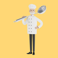 Chef with a big ladle. 3D illustration in cartoon style.