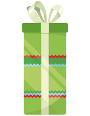 Green gift box with bow. Festive decor in cartoon style.