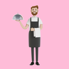 Waiter with a tray. 3D illustration in cartoon style.