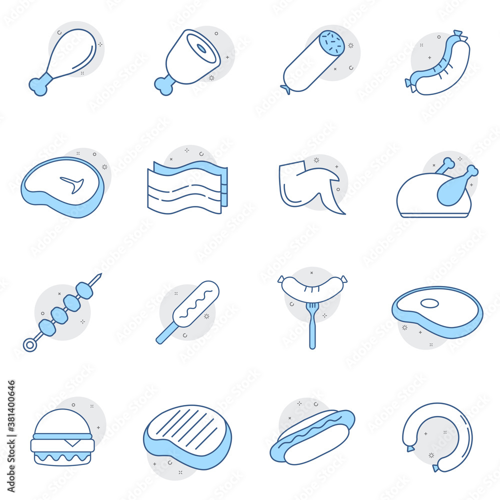 Poster meat and sausage related flat icon set. modern outline style icons collection. perfect vector graphi