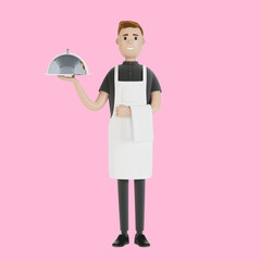 Waiter with a tray. 3D illustration in cartoon style.