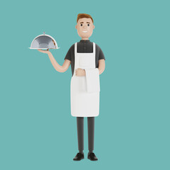 Waiter with a tray. 3D illustration in cartoon style.