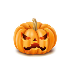 Realistic Halloween pumpkin on white background, angry face, scary monster. Vector illustration.