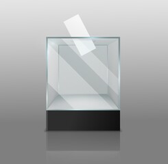 Ballot box. Empty transparent case with voting paper in hole, confidential election survey, glass or plastic square showcase on black podium realistic 3d vector isolated object