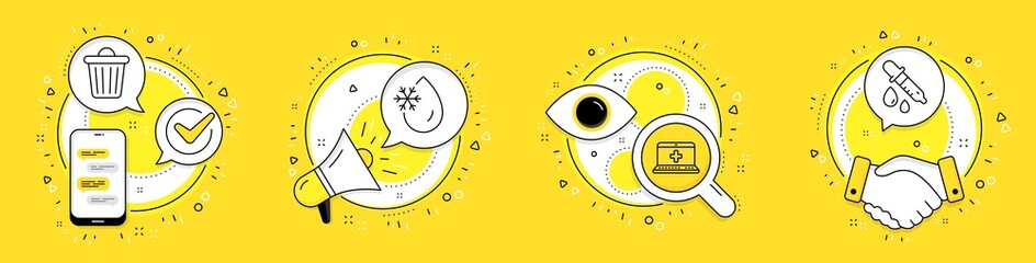 Freezing water, Trash bin and Medical help line icons set. Cell phone, megaphone and deal vector icons. Chemistry pipette sign. Freeze temperature, Garbage, Medicine laptop. Laboratory. Vector