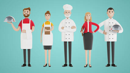 Restaurant staff: chef, cook, assistant, manager, waiter. Catering professionals in uniform. 3D illustration in cartoon style.