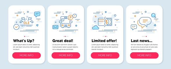 Set of Business icons, such as Payment methods, Ole chant, Bus parking symbols. Mobile screen app banners. Text message line icons. Credit card, Sport championship, Public park. Chat bubble. Vector