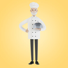 The chef is holding a silver food tray. 3D illustration in cartoon style.