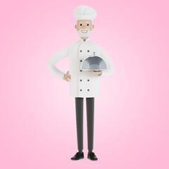 The chef is holding a silver food tray. 3D illustration in cartoon style.