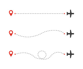 Abstract icon with black airplane route line on white background for concept design. Abstract background. Travel concept. Vector illustration.