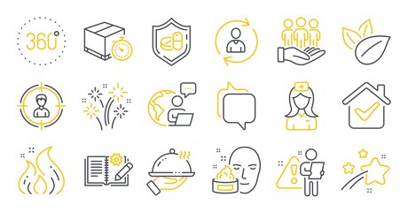 Set of Business icons, such as Engineering documentation, Medical tablet, Messenger symbols. Face cream, Organic product, Restaurant food signs. Delivery timer, Fire energy, Hospital nurse. Vector