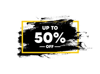 Up to 50% off Sale. Paint brush stroke in frame. Discount offer price sign. Special offer symbol. Save 50 percentages. Paint brush ink splash banner. Discount tag badge shape. Vector