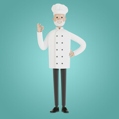 The chef makes the gesture of the perfect dish. 3D illustration in cartoon style.