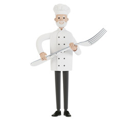Chef with a large fork. 3D illustration in cartoon style.