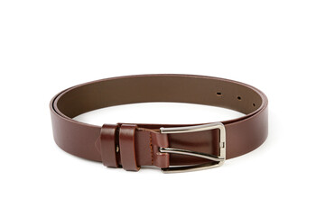 Stylish brown leather belt isolated on white.