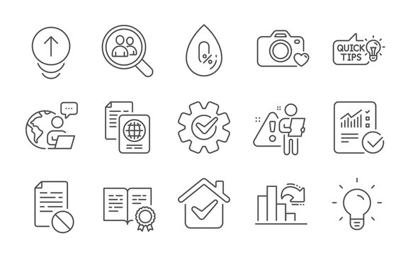Certificate, Cogwheel and Decreasing graph line icons set. Wrong file, Passport document and Swipe up signs. No alcohol, Checked calculation and Photo camera symbols. Line icons set. Vector