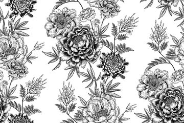 Nahtloses Muster. Pfingstrosen, Chrysanthemen, Jasmin und Rosen. Schwarz und weiß. Vektor-Jahrgang © marinavorona