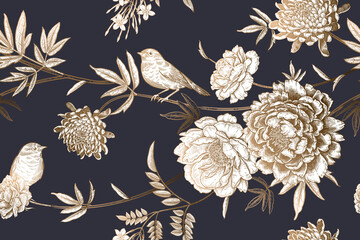 Vögel und Blumen Pfingstrosen. Nahtloses Muster. Vektor. Gold, schwarz und weiß © marinavorona
