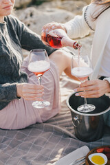 Two women female friends having picnic brunch with fresh homemade food and champagne.