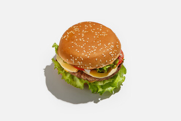 Fast food, takeaway for snack or client order for home during coronavirus. Tasty cheeseburger with lettuce, tomatoes and sesame seeds