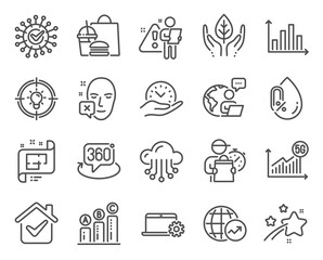 Science icons set. Included icon as World statistics, Coronavirus, Fair trade signs. Face declined, Notebook service, No alcohol symbols. Diagram graph, Idea, Graph chart. Cloud storage. Vector
