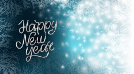 Naklejka na ściany i meble Happy New year greeting card with an inscription on the holiday. A calligraphic inscription in the New year. Silver design greeting card on a blue background and a frosty glass with the snow. Vector.