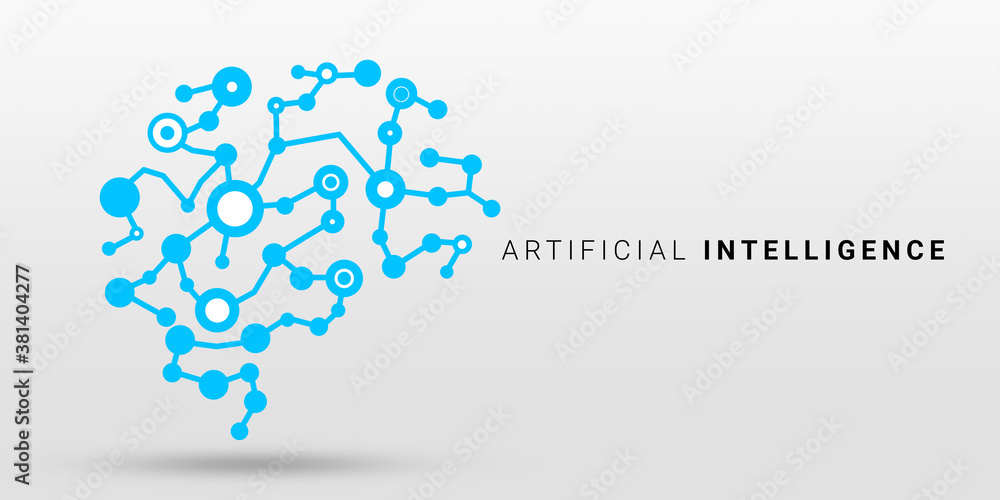 Poster Artificial intelligence icon of human brain designed with circuit lines and dots