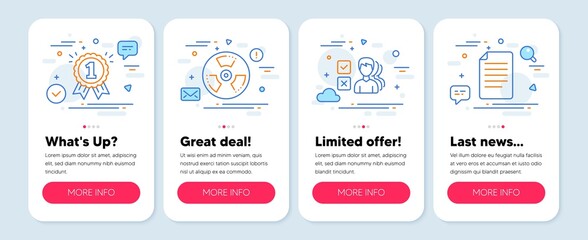 Set of Business icons, such as Reward, Chemical hazard, Opinion symbols. Mobile app mockup banners. File line icons. First place, Toxic, Choose answer. Paper page. Reward icons. Vector