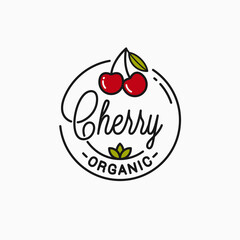 Cherry logo. Round linear logo of organic cherry