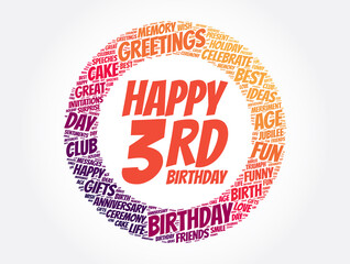 Happy 3rd birthday word cloud, holiday concept background