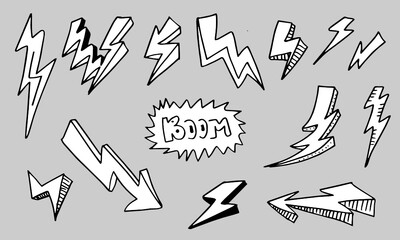 set of hand drawn vector doodle electric lightning bolt symbol sketch illustrations. thunder symbol doodle icon .