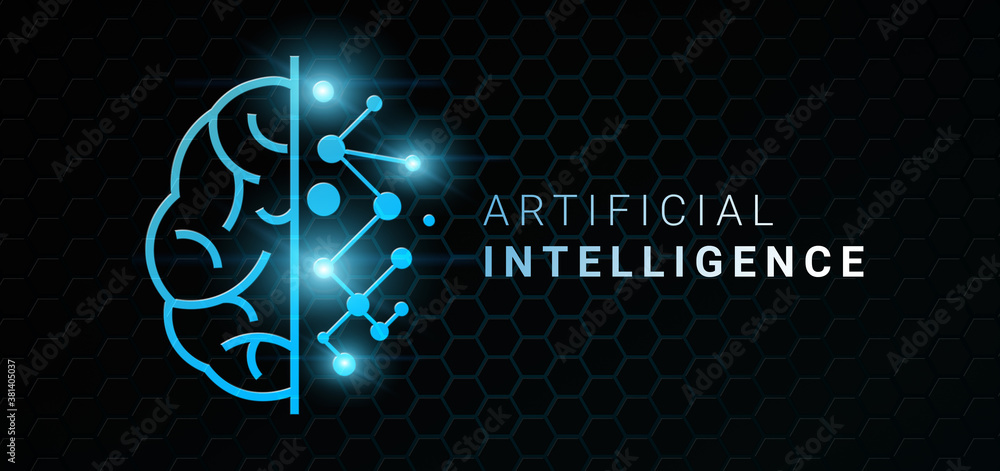 Poster artificial intelligence. digital human brain half and circuit board lines and dots