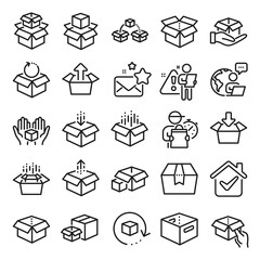 Box line icons. Package, delivery boxes, cargo box. Cargo distribution, export boxes, return parcel icons. Shipment of goods, purchase container, open package. Logistics goods. Line icon set. Vector