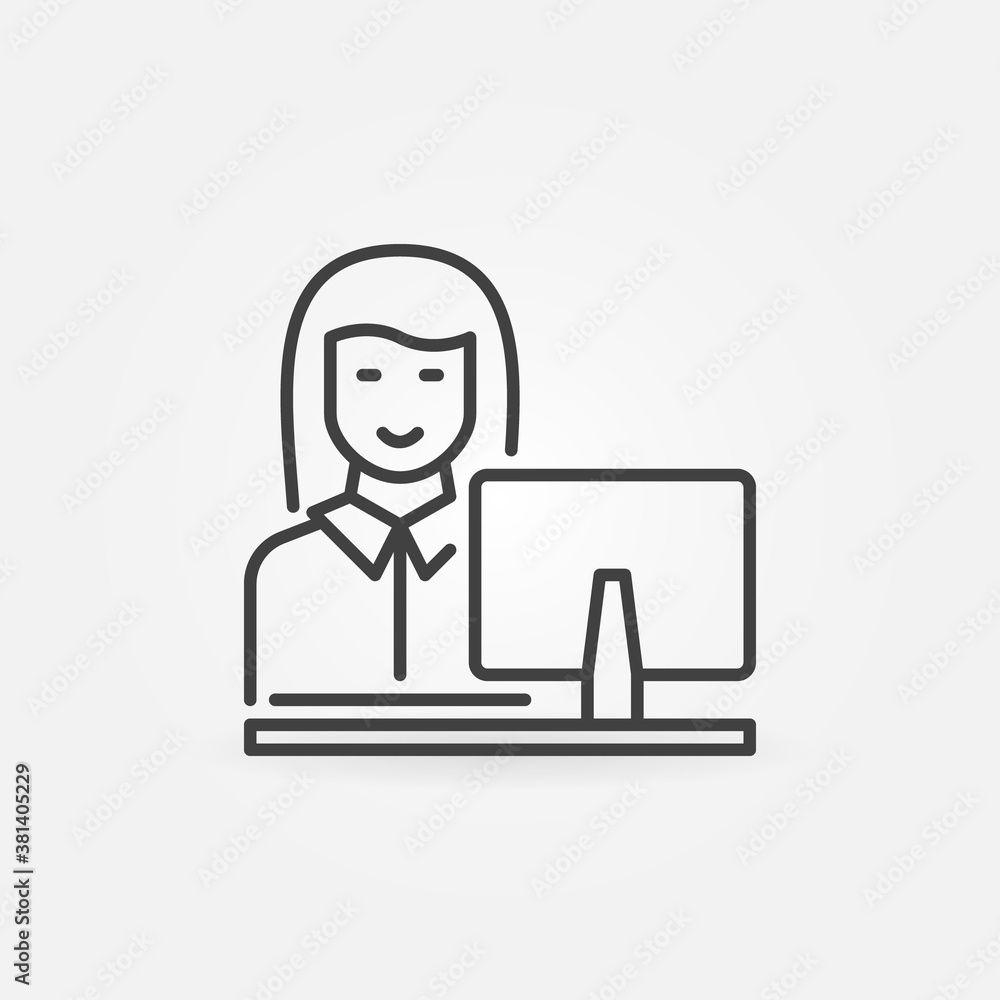 Aufkleber woman working on computer vector concept icon or symbol in thin line style