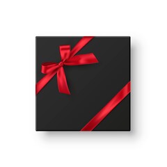 Black gift box with red ribbon. Elegant present with bow isolated on white background. Special offer vector illustration. Modern Christmas special gift package