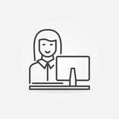 Woman Working on Computer vector concept icon or symbol in thin line style