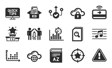 Partnership, Correct way and Search files icons simple set. Cloud protection, Musical note and Web tutorials signs. Star target, Winner podium and Cloud computing symbols. Flat icons set. Vector