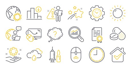 Fototapeta premium Set of Science icons, such as Medical vaccination, Swipe up, Time symbols. Medical drugs, Certificate diploma, Time management signs. Question mark, Data analysis, Rainy weather. Vector