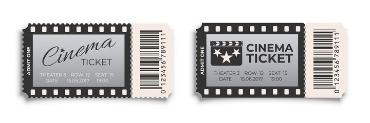 Cinema ticket to movie set. Old retro vintage entry coupons. Film theater industry concept vector illustration. Entertainment and modern performance art. Card archival design