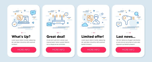 Set of Technology icons, such as Repairman, Wifi, Online loan symbols. Mobile screen app banners. Hair dryer line icons. Repair service, Internet router, Discount percent. Hairdryer. Vector